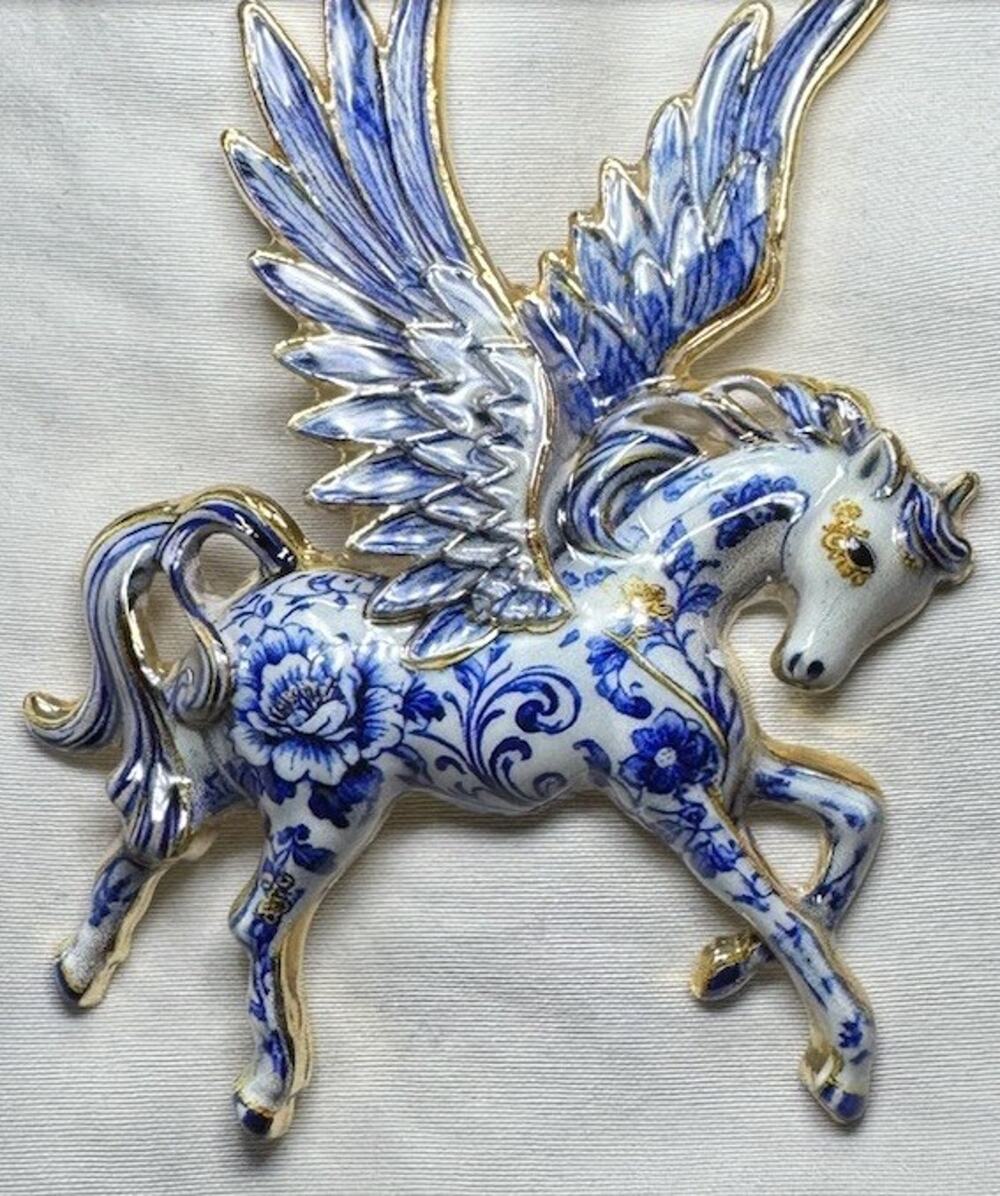 Flying Pegasus Unicorn Brooch Pin Blue White Floral Porcelain Style Gold NEW